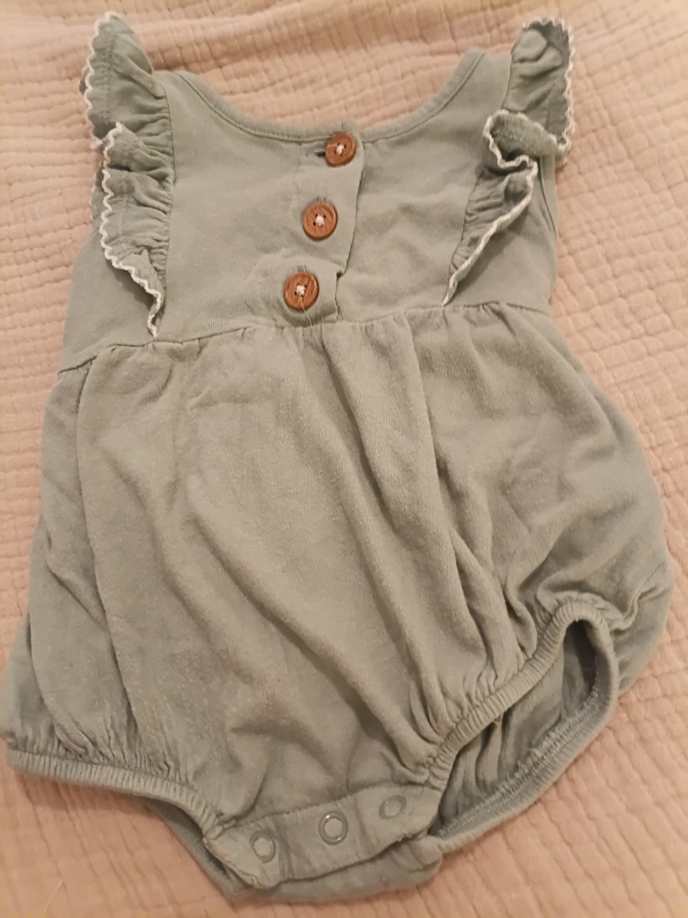 wonder nation Sage Green Ruffle Romper with Wooden Buttons